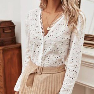 White Eyelet Embroidery Button Up Blouse